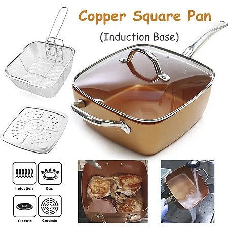 Panela Antiaderente Grande 24cm Quadrada Com Cesto Fritura Fogão Cooktop Indução E Gás