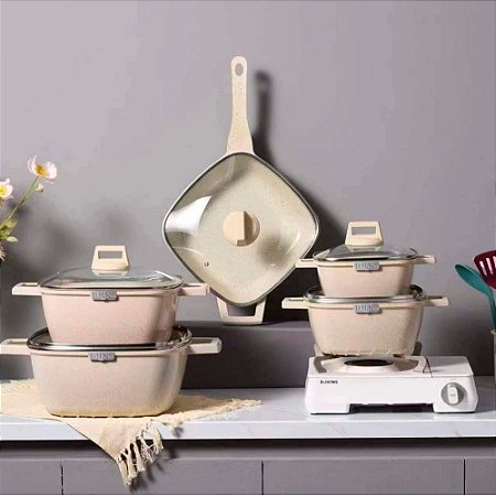 Kit Jogo de Panelas Antiaderente 5 Peças com Utensílios e Acessórios para Cozinha Bege - 80158