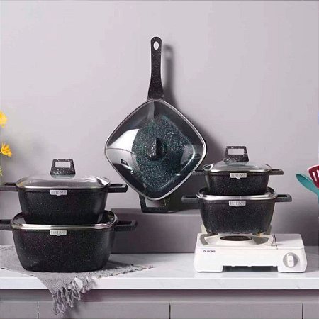 Kit Jogo de Panelas Antiaderente 5 Peças com Utensílios e Acessórios para Cozinha Preta - 80158