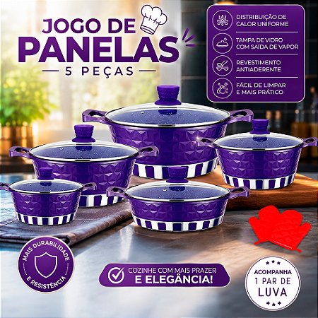 Jogo de Panelas Antiaderentes 5 Peças de Alta Qualidade Roxo - 80888