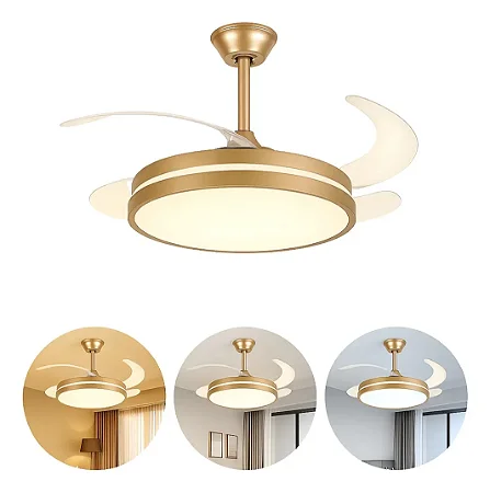 Ventilador Teto 300W Retrátil Luz Led Brilho Ajustável 6 Velocidades Dourado - 81138
