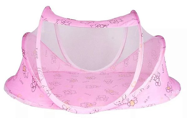 Berço Mosquiteiro para Bebe com Tenda e Cercadinho Portátil - Rosa Ursinho - 82941