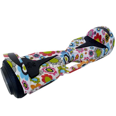 Skate Elétrico Hoverboard Original 6,5" Led com Alça Grande - Branco com Flores - 27103