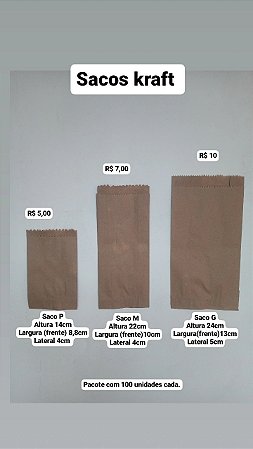 Sacos de papel - Pacote com 100 unidades.