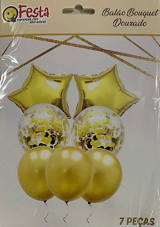 BOUQUET DE BALÕES DOURADO E TRANSPARENTE (COM CONFETES) - 7 peças