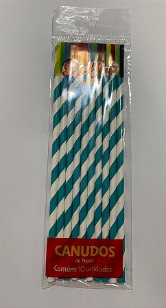 CANUDO DE PAPEL LISTRADO - BRANCO/AZUL TURQUESA 20X6 - BELLO FESTAS -  Pacote com 10 unidades