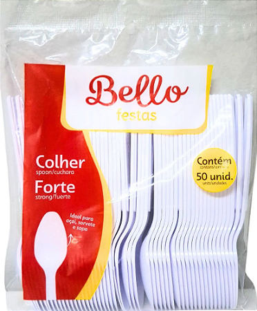 COLHER REFEIÇÃO LINHA FORTE PS - BRANCO - BELLO FESTAS -Pacote com 50 unidades