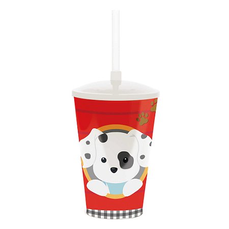 COPO PLÁSTICO COM TAMPA E CANUDO CACHORRINHOS (PETS) - 500 ml - 1 unidade