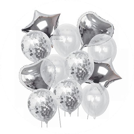 BOUQUET DE BALÕES PRATA E TRANSPARENTE (COM CONFETES) - 12 peças