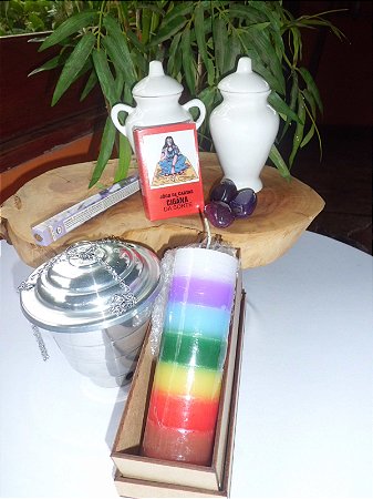 Kit Esotérico Tarô Ritual sagrado mandala Baralho Cigana Sorte Quartinha Fem Masc Incenso Pedras Vela Turibulo cx MDF