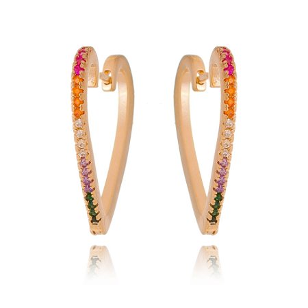 ARGOLA MÉDIA FOLHEADA A OURO 18K CORAÇÃO COM ZIRCÔNIAS COLORIDAS