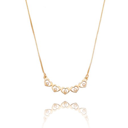 GARGANTILHA FOLHEADA A OURO 18K COM CORAÇÕES VAZADOS COM ZIRCÔNIAS