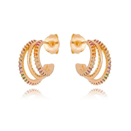 ARGOLA PEQUENA FOLHEADA A OURO 18K COM 3 AROS E ZIRCÔNIAS COLORIDAS