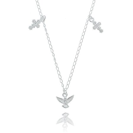 GARGANTILHA DE PRATA DIVINO ESPÍRITO SANTO E CRUZES COM ZIRCÔNIAS