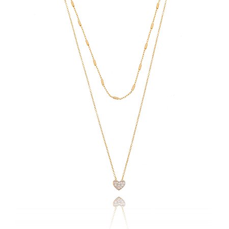 GARGANTILHA DUPLA FOLHEADA A OURO 18K COM CORRENTE GRUMET LISA E TRABALHADA E CORAÇÃO COM ZIRCÔNIAS