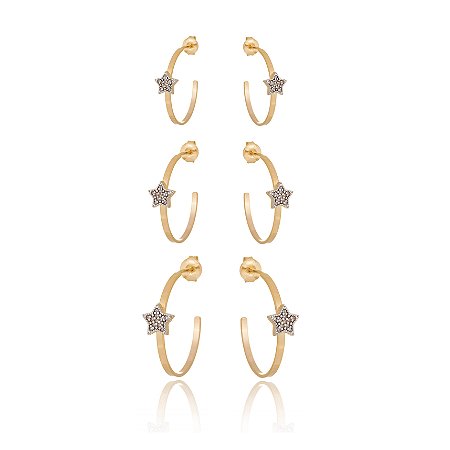 TRIO DE ARGOLAS FOLHEADAS A OURO 18K COM ESTRELAS CRAVEJADAS DE ZIRCÔNIAS E RÓDIO