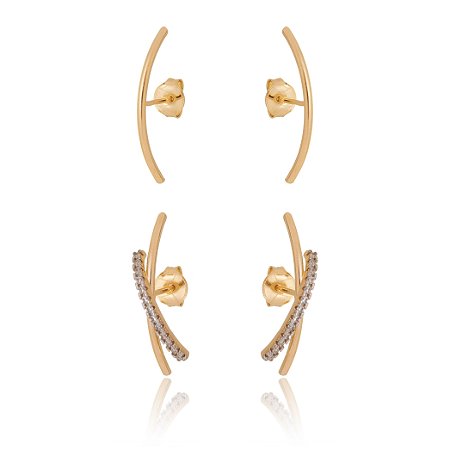 BRINCO DUPLO FOLHEADO A OURO 18K UM LISO E UM CRUZADO COM ZIRCÔNIAS