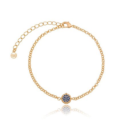 PULSEIRA FOLHEADA A OURO 18K COM ELOS PORTUGUESES E ZIRCÔNIAS AZUIS