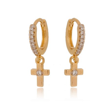 ARGOLA FOLHEADA A OURO 18K COM CRUZ PENDURADA E ZIRCÔNIAS