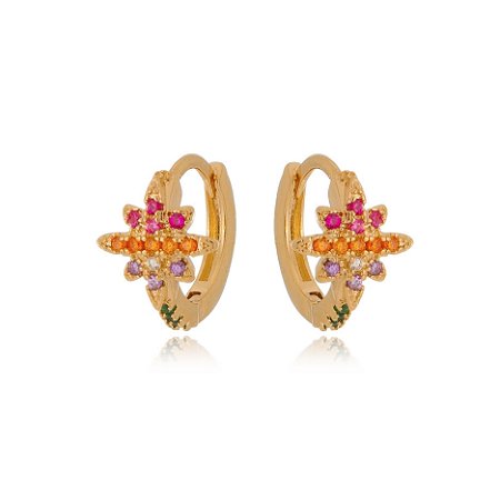 ARGOLA FOLHEADA A OURO 18K COM ESTRELA E PEDRAS COLORIDAS