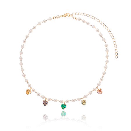 GARGANTILHA PÉROLAS CORAÇÃO PEDURADO FOLHEADO OURO 18K