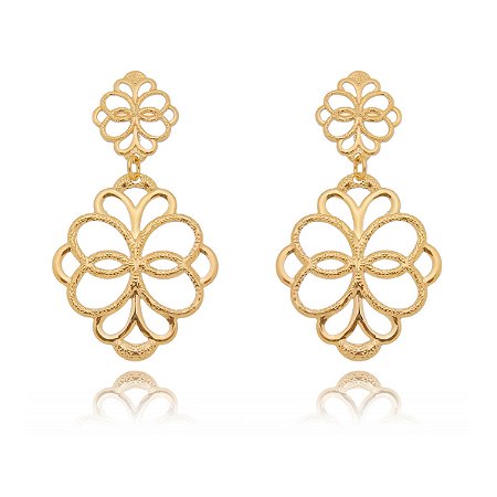 BRINCO FLORAL TRABALHADO PENDURADO FOLHEADO OURO 18K