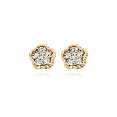 BRINCO FLOR PEQUENA CRAVEJADA COM ZIRCÔNIA FOLHEADO A OURO 18K
