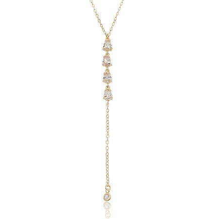 GARGANTILHA QUATRO ZIRCÔNIAS COM CORRENTE VERTICAL FOLHEADA OURO 18K