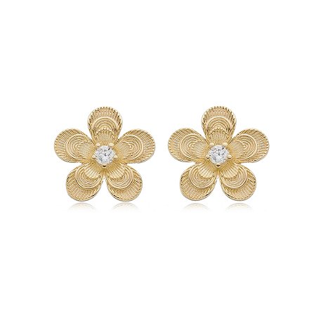 BRINCO FLOR COM ZIRCÔNIA FOLHEADO A OURO 18K