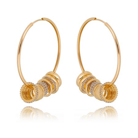 ARGOLA FOLHEADA 18K COM CÍRCULOS LISO E CRAVEJADOS COM ZIRCÔNIAS
