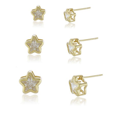TRIO DE BRINCOS FOLHEADOS A OURO 18K COM ESTRELA ZIRCÔNIA