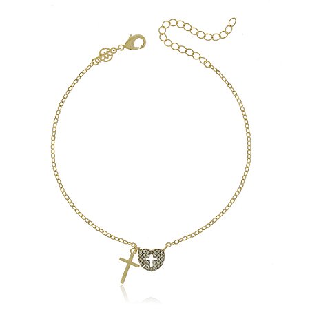 PULSEIRA FOLHEADA A OURO 18K CRUZ E CORAÇÃO COM ZIRCÔNIAS