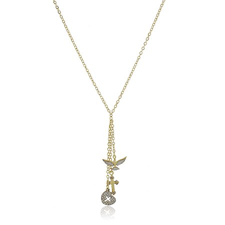 GARGANTILHA FOLHEADA A OURO 18K CRUZ, CORAÇÃO E ESPÍRITO SANTO COM ZIRCÔNIAS