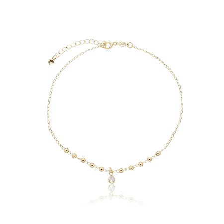 TORNOZELEIRA FOLHEADA A OURO 18K BOLINHAS COM CRISTAL 25cm