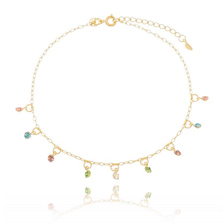 TORNOZELEIRA FOLHEADA A OURO 18K COM CRISTAIS COLORIDOS 22cm
