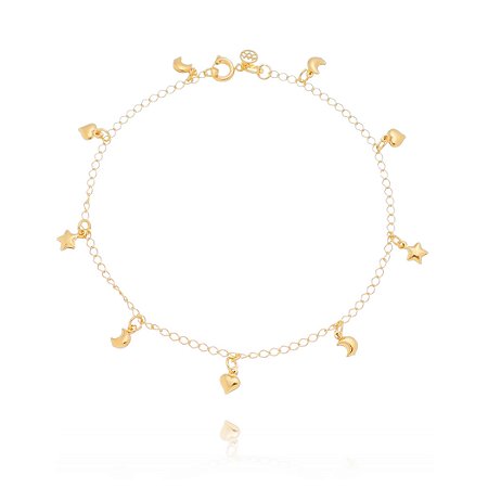 TORNOZELEIRA FOLHEADA A OURO 18K LUA, CORAÇÃO E ESTRELA 24cm