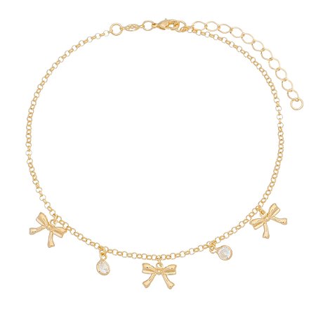 TORNOZELEIRA FOLHEADA A OURO 18K LAÇOS E CRISTAL 23cm