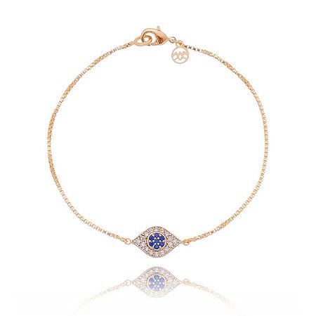 PULSEIRA FOLHEADA A OURO 18K OLHO GREGO COM ZIRCÔNIAS 18cm