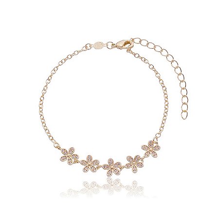PULSEIRA FOLHEADA A OURO 18K 5 FLORES COM ZIRCÔNIAS 18cm