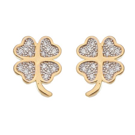 BRINCO TREVO 4 FOLHAS MISTO COM ZIRCONIAS FOLHEADO A OURO 18K