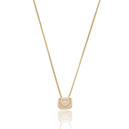 GARGANTILHA CAIXA RETANGULAR COM CORAÇÃO FOLHEADA A OURO 18K
