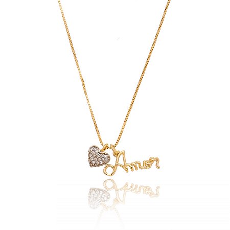 GARGANTILHA AMOR E CORAÇÃO COM ZIRCÔNIAS FOLHEADA A OURO 18K