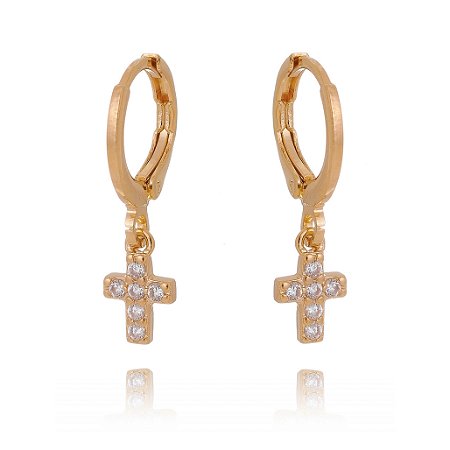 ARGOLA CRUZ PENDURADA COM ZIRCÔNIAS FOLHEADA A OURO 18K