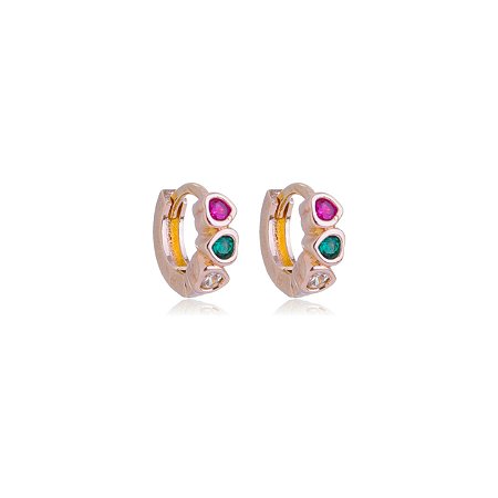 ARGOLA PEQUENA CRAVEJADA COM ZIRCÔNIAS COLORIDAS FOLHEADA A OURO 18K