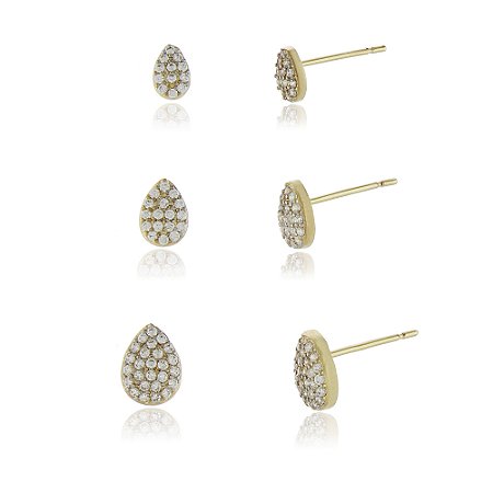 Brinco trio gota com zricônia folheado a ouro 18k