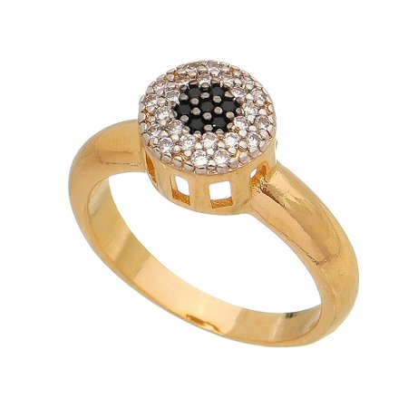 ANEL CHUVEIRO FOLHEADO A OURO 18K COM ZIRCONIAS NEGRAS