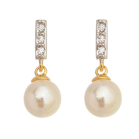 BRINCO PENDURADO FOLHEADO A OURO 18K COM PEROLA E ZIRCONIAS
