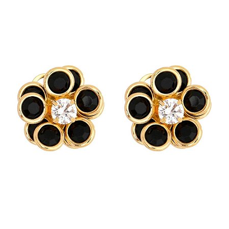 BRINCO FLOR PRETA FOLHEADO A OURO 18K