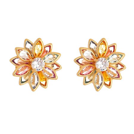 BRINCO FLOR ZIRCONIA NAVETE COLORIDA FOLHEADO A OURO 18K