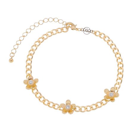 PULSEIRA FOLHEADA A OURO 18K FLORES COM ZIRCONIA